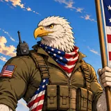 The Off Grid Eagle mascot, a bald eagle in field gear with a flag bandana